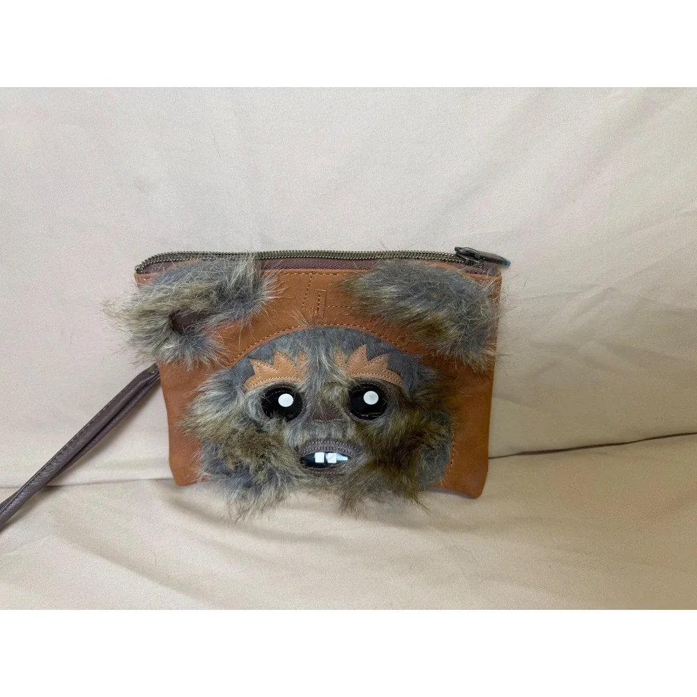 Star Wars Wicket Ewok Faux Fur Wristlet Pouch Brown Faux Leather Clutch Bag